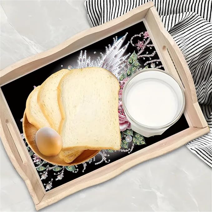 DIY Diamond Serving Tray with Handle Handmade Diamond Art Painting Wooden Rectangular Breakfast Tray for Dinner Plate Coffee Room Living Home Organizer-Bird