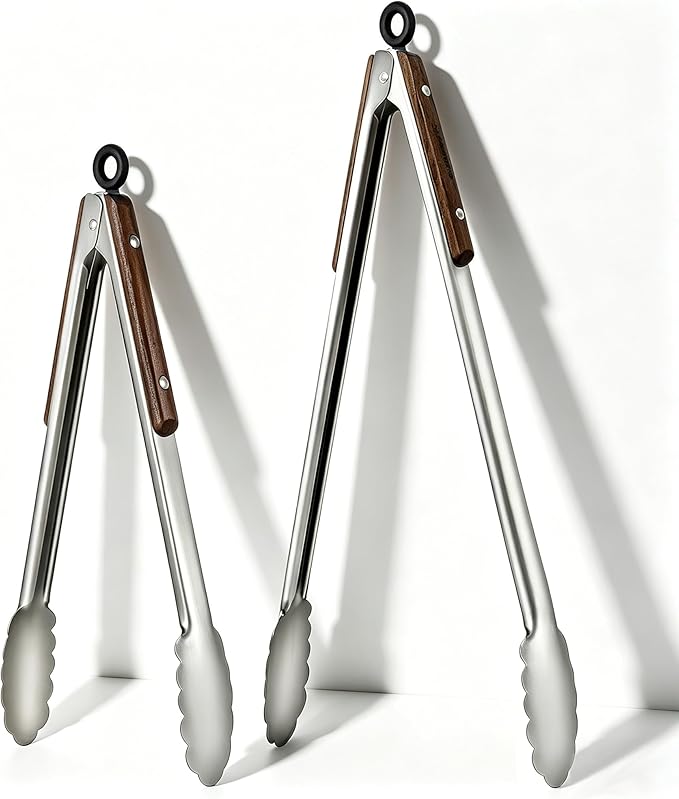 12 & 16 Inch Food Tongs Set, Food Grade Stainless Steel Kitchen Tongs with Long Walnut Wooden Anti-Scald Handle, Heat Resistant Cooking Tongs for BBQ Grilling Baking Frying, Safe for Adults & Kids