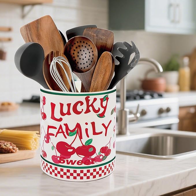 Cherry Kitchen Decor, 6.5inch Ceramic Utensil Holder with Cherry Design, Rustic-Style Indoor Kitchen Utensil Storage Rack, Ideal for Spoon Storage and Cooking Tools, Gift for Kitchen Organizers