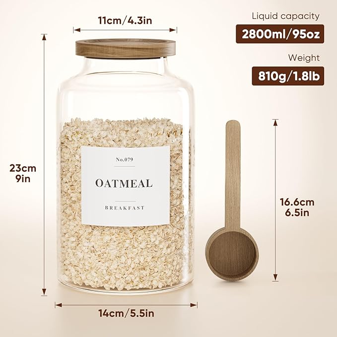 2 PCS Flour Sugar Storage Containers Glass, Large Glass Food Storage Jars with Wood Airtight Lids, 132 Pantry Labels and 2 spoon for Coffee, Flour, Sugar, Spice (98 oz/2800 ml)
