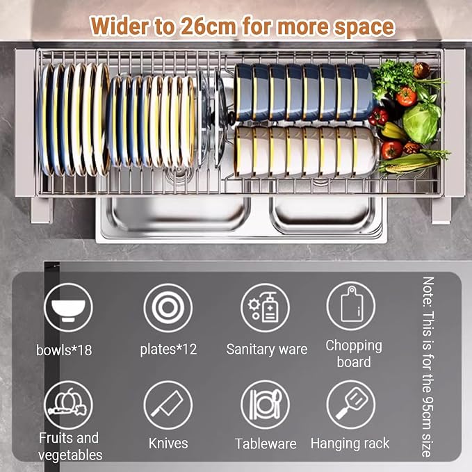 Over The Sink Dish Drying Rack 2 Tier 304 Stainless Steel Multiple Kitchen Dishware Storage Counter Organization Space-Saving with Suction Cup for Plates Bowl(56cm/22in)