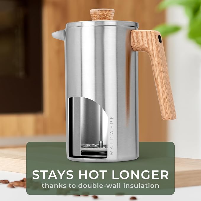 WALDWERK French Press (34 oz) - Non-Toxic Stainless Steel Double Wall French Press Coffee Maker - Plastic Free Coffee Press with Oak Wood Handle - No Plastic