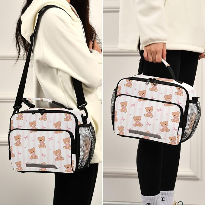 Kcldeci Teddy Bear with Pink Ribbon Bow Kids Lunch box Insulated Cooler Lunch Bag Back to School Thermal Meal Tote Kit for Girls, Boys,