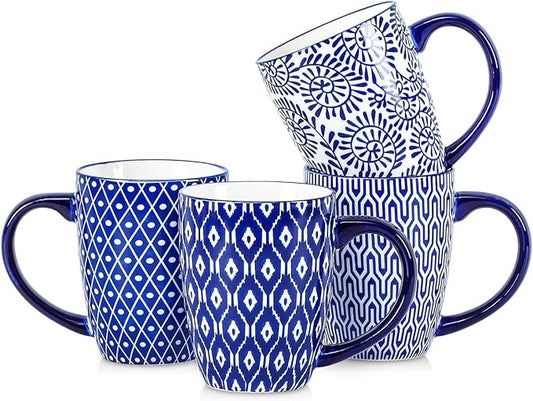 Selamica Ceramic Coffee Mugs Set of 4 with Handle, 16 OZ Large Coffee Cups for Cappuccino, Tea, Mocha, Cocoa, Dishwasher Microwave Safe, Vintage Blue