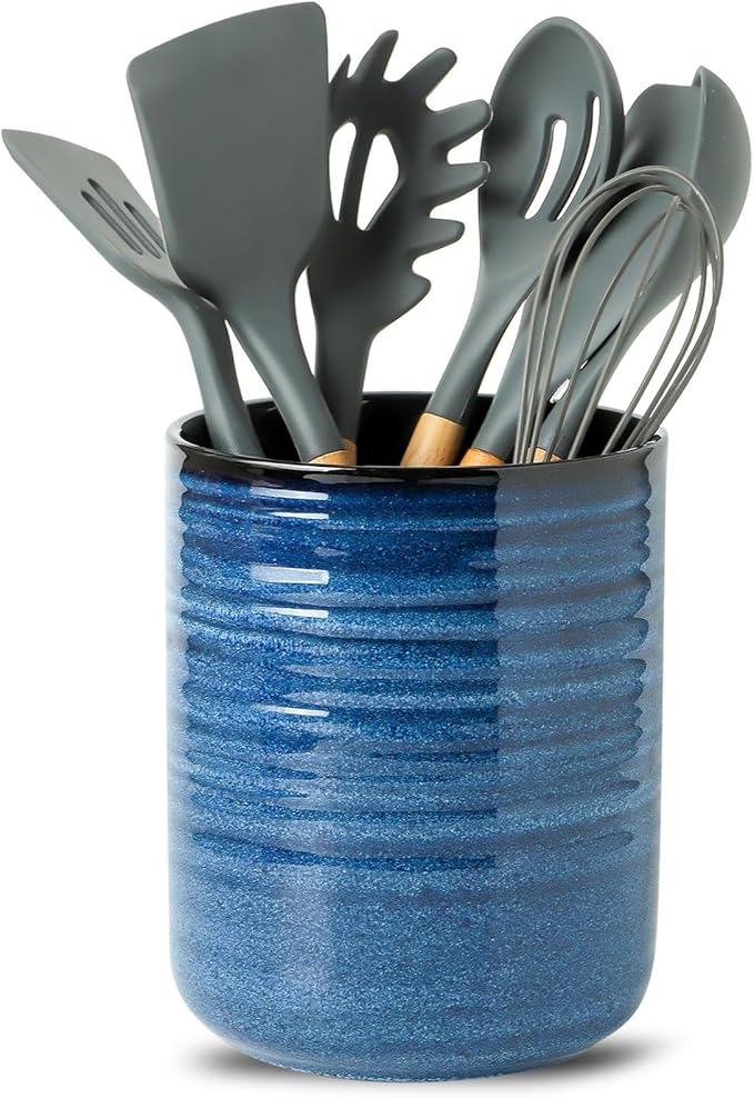 HASENSE Ceramic Kitchen Utensil Holder, 7.4" x 6.2" Large Countertop Utensil Crock, Stable Cooking Utensil Organizer for Spatulas, Spoons, Whisks & Tools, Modern Blue Kitchen Decor