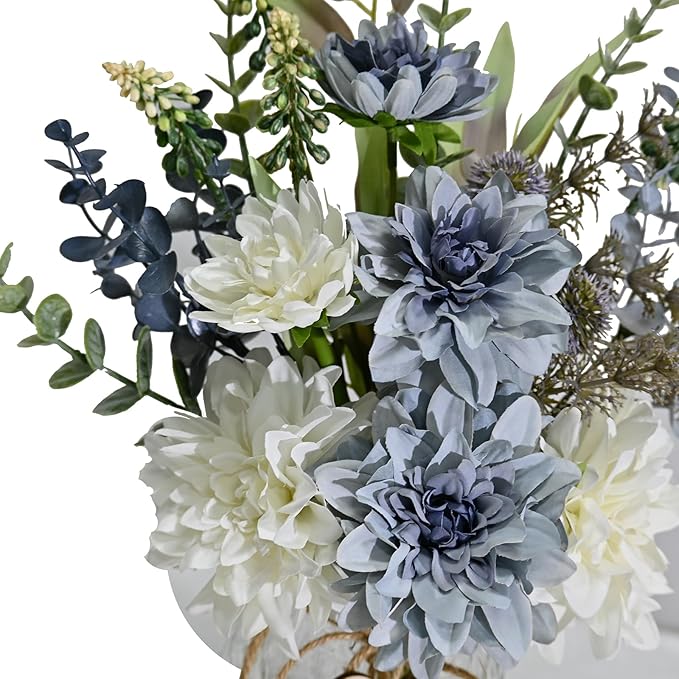 Artificial Flowers with Vase, Faux Dahlia Flower Arrangement in Glass Vase, Blue and White Silk Flowers with Eucalyptus for Home Office Kitchen Dining Table Centerpiece Decor