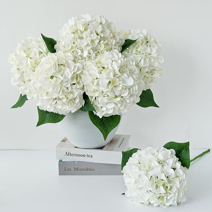 ZYTUYO 5 Pcs White Silk Hydrangeas Aritificial Flower Boho 20'' Faux Dried Touch Hydrangeas for Spring Indoor Home Decor Kitchen Living Room Porch Outdoor Wedding Flower Arrangement