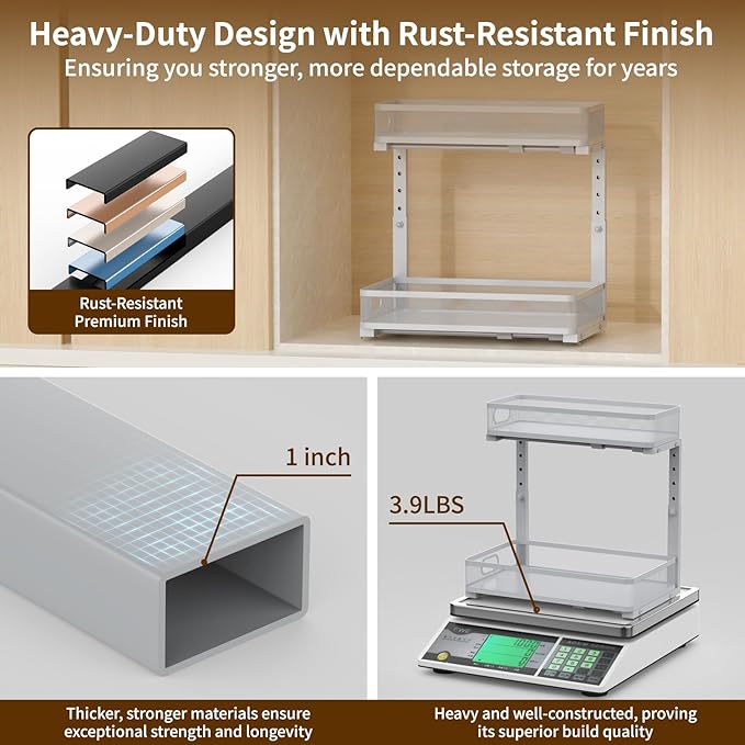 Under Sink Organizer 1 Pack, 2-Tier Slide Out Cabinet Organizer with Metal Sliding Drawer and Hooks, Pull Out Storage Baskets for Kitchen Bathroom Pantry Cabinet Organization (Gray (1 pack))