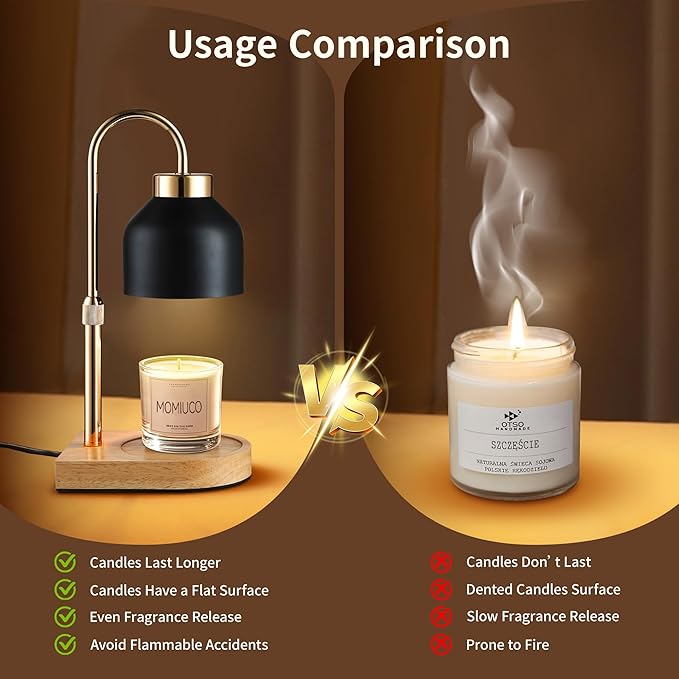 Candle Warmer Lamp with Timer, Height Adjustable Wax Melt Warmer | Modern retro black glass shade, wood base, aesthetic home decor, birthday gifts for women mom, jar candles dimmer