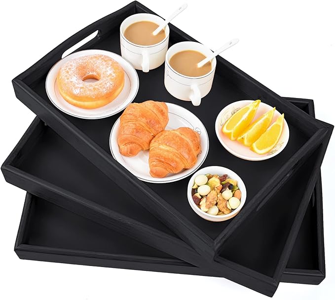 3 Pack Bamboo Serving Trays with Handles, Rectangular Kitchen Food Tray for Eating, Dinner Trays for Eating on Couch, Wood Serving Platter for Breakfast, Tea, Bar, Restaurant, Party or Bed (Black)