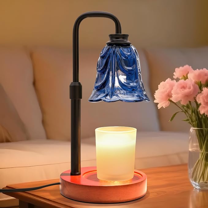XJZJY Candle Warmer Lamp with Timer Dimmer, Adjustable Height Blue Tulip Candle Wax Warmer, Christmas Birthday Gift for Mom Women, House Warming Gifts for New Home Bedroom Decor,Flower Blue