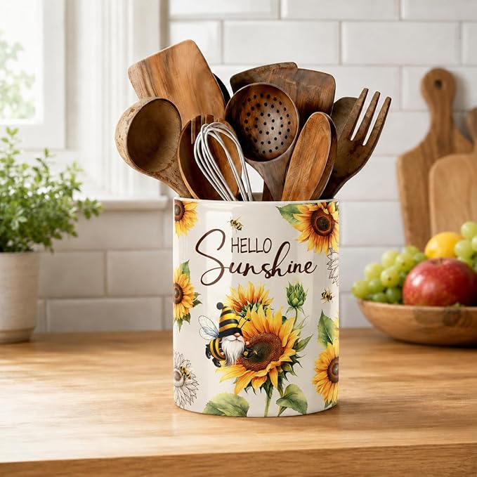 Bee Gnome Utensil Holder, Ceramic Kitchen Utensil Holder, Utensil Crock for Home Kitchen Countertop Storage Organizer Container, Large Holder for Spatulas, Spoons, Kitchen Counter Decor, 6"