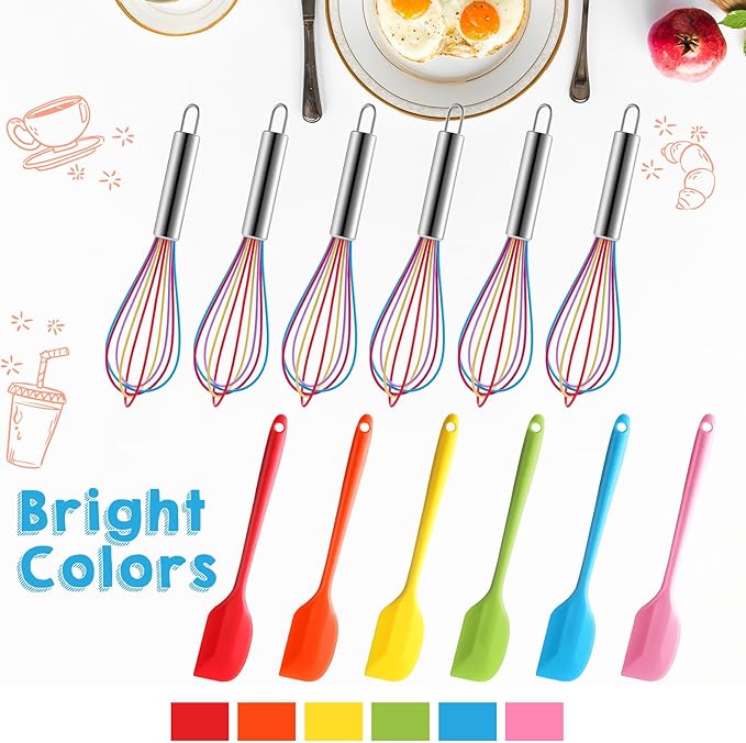 Baderke 24 Pcs Small Silicone Spatula and Whisks Set Bulk for Cooking Mini Whisk Spatula Non Stick Flexible Kitchen Baking Mixing Tool Cookware for Cooking Party Favor Gift Supplies (8 Inch)