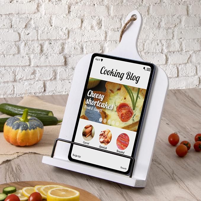 PUERSI Cook Book Stand for Kitchen Counter, Wooden Cookbook Holder, Adjustable Recipe Book Holder - White