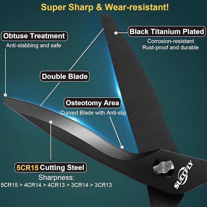 SUCCFLY Kitchen Scissors for Food，Premium Kitchen Shears Heavy Duty，8.8″Ultra Sharp Meat Scissors Detachable Blade，All Steel Poultry Shears Black Titanium Plated，Anti-Slip Cooking Scissor All Purpose