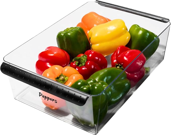madesmart Premium Large Fridge Bin, Organizer for Produce, Cheeses, Meats & Deli Items, Dry-Erase Label Area, Multi-Purpose Fridge Storage, Soft Grip Handles, Clear