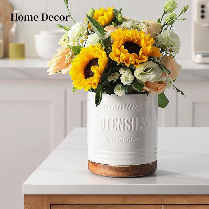 DOWAN 360° Rotating Extra Large Cooking Utensil Holder, 7.6" Kitchen Utensil Holder for Countertop, Utensil Crock for Farmhouse Kitchen Decor, Ceramic Stable Utensil Caddy, White Text