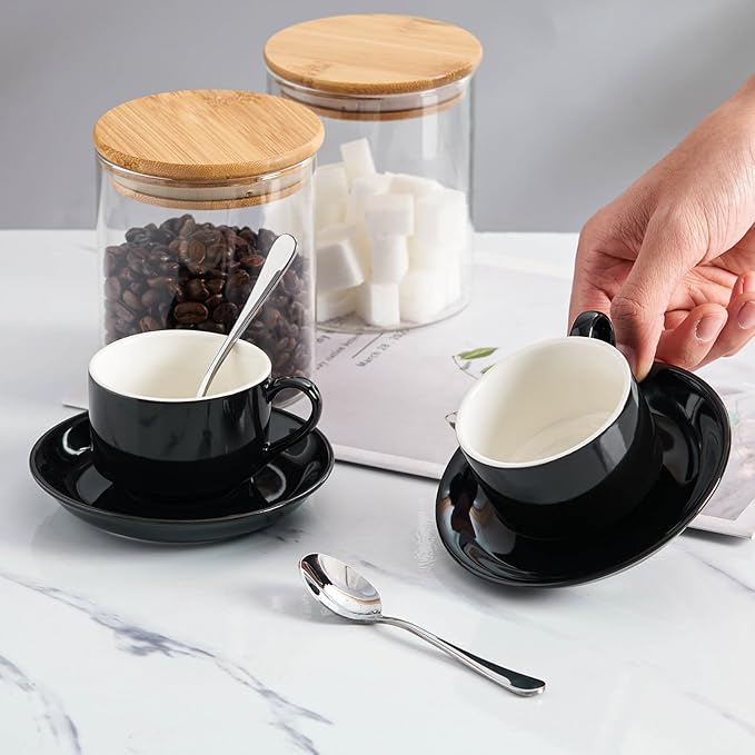 2.5oz Espresso Cups Set of 4, Demitasse Cups and Saucers with Spoons for 4, Expresso Shot Cups for Espresso Machine-Black