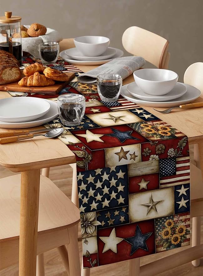 Red Blue American Flag Table Runner 70 Inch Long Dresser Scarves 4th of July Cotton Linen Tablerunners Patriotic Farmhouse Star Dining Kitchen Burlap Table Setting Decor for Party Holiday, 13"x70"