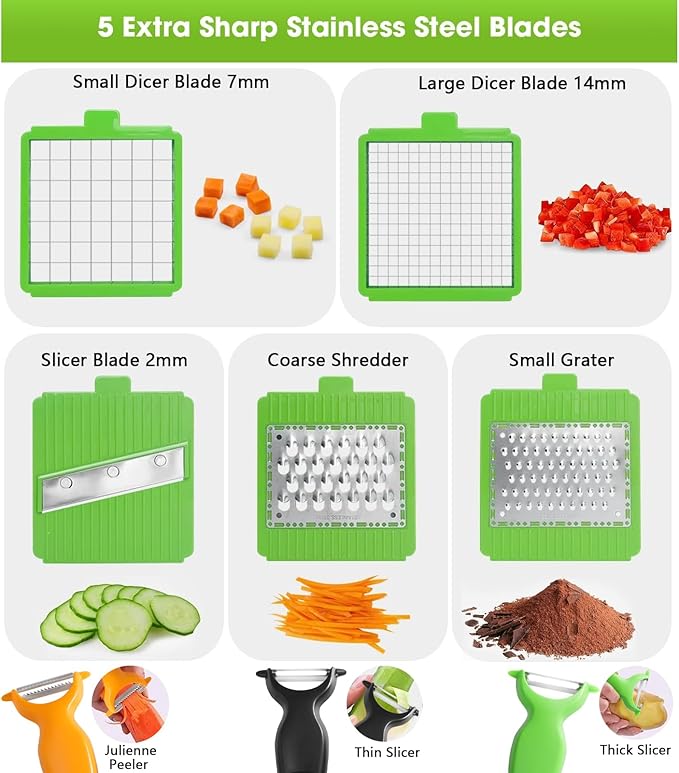 LHS Vegetable Chopper, Pro Onion Chopper Slicer Dicer Cutter Shredded- Cheese & Veggie Plus Peeler and Julienne - Food Dicer with 8 Blades (Grey)