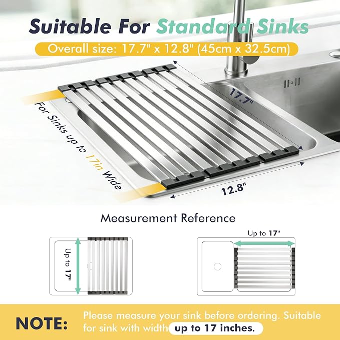 Roll Up Dish Drying Rack Over The Sink, Stainless Steel Collapsible Dish Drainer Rack for Kitchen Sink, Non-Slip Heat Resistant Space Saving Sink Drying Rack, 17.7" x 12.8"