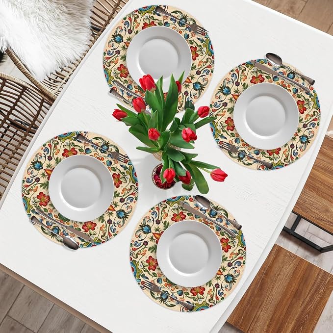 Round Placemats Set of 4, Carpet Pattern Woven Placemats Mats Non-Slip Heat Resistant Washable Table Mats Round Braided Place for Farmhouse Kitchen Dining Party Decor 15in
