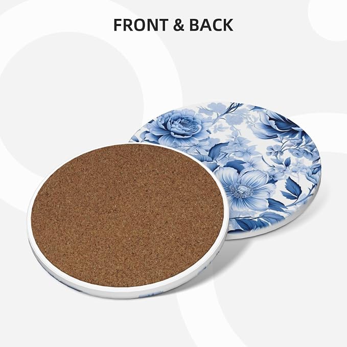 Coaster for Drinks Set of 6, Blue Vintage Spanish Ceramic Floral Absorbent Round Ceramic Stone Mat, with Cork Base and Metal Holder, Gift for Housewarming Room Bar Decor (Vintage Blue Floral-8)