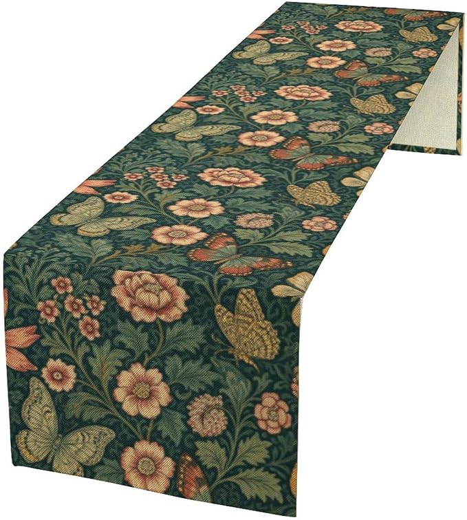 William Morris Style Table Runner,Vintage Floral Botanical Butterfly Rustic Farmhouse Table Runner for Home Indoor Outdoor Kitchen Holiday Birthday Party Wedding Decor 13x60 Inch