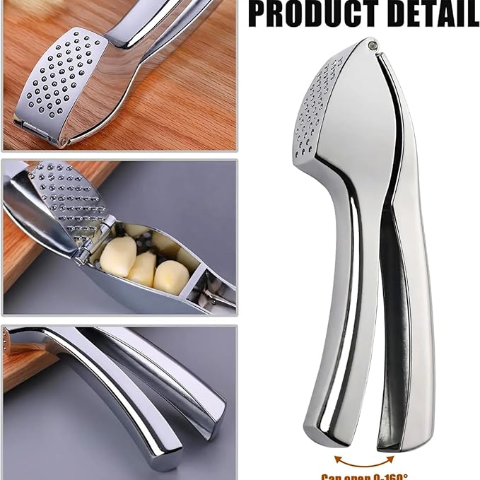 Garlic Press, Garlic Peeler and Cleaning Brush as 1 Set, Heavy Duty and Rust Proof Garlic Press Made of 304 Stainless Steel for Home and Kitchen Tools, Easy to Use & Dishwasher Safe