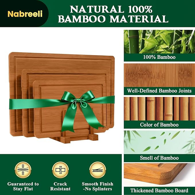 Bamboo Cutting Board Set – Large Knife-Friendly Boards with Juice Groove & Non-Slip Feet, Durable Wood Chopping Boards for Meat, Cheese, Veggies, Home Chefs & Kitchen Gift for Father's Day