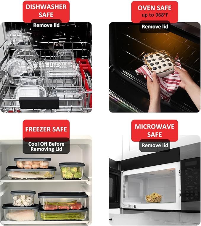 EATEX Grooved Base Glass Meal Prep Containers, 12 Pack Glass Food Storage Containers with Lids for Meal Prep & Lunch, Microwave Oven Freezer Dishwasher Safe, Anti Moisture Non-Stick Design - Black