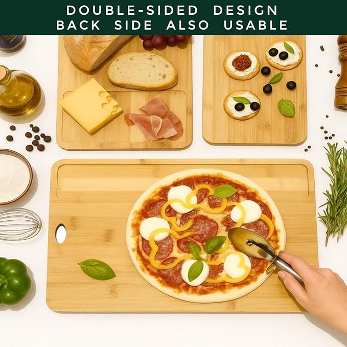 Bamboo Cutting Board Set – 3-Piece Natural Bamboo Boards with Deep Juice Grooves & Hanging Holes, Eco-Friendly Wooden Cutting Boards for Kitchen, Perfect for Chopping Meat, Bread & Fruits