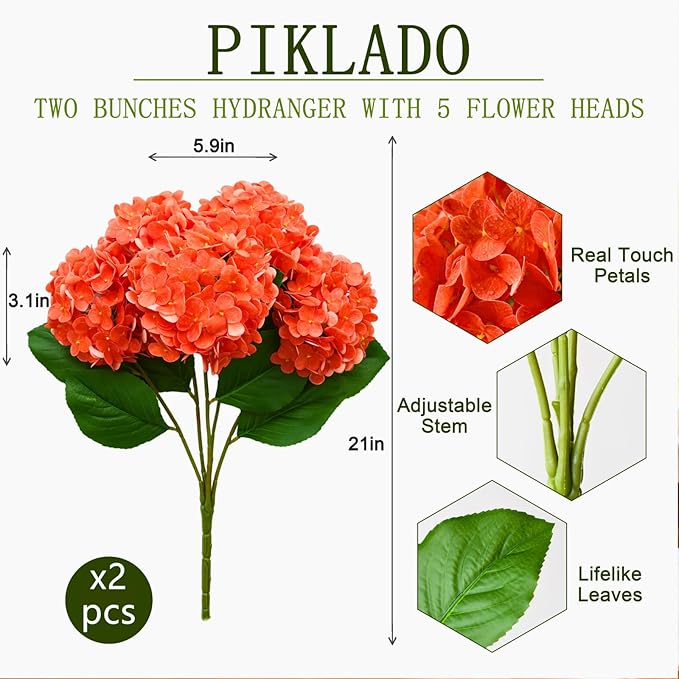 A Bunch 21in, Orange Real Touch Hydrangea Artificial Flowers, with 10pcs Flower Head 20pcs Leaves, Faux Hydrangea Flowers for Home Office Decor Wedding Party Arrangements (2, Orange-red)