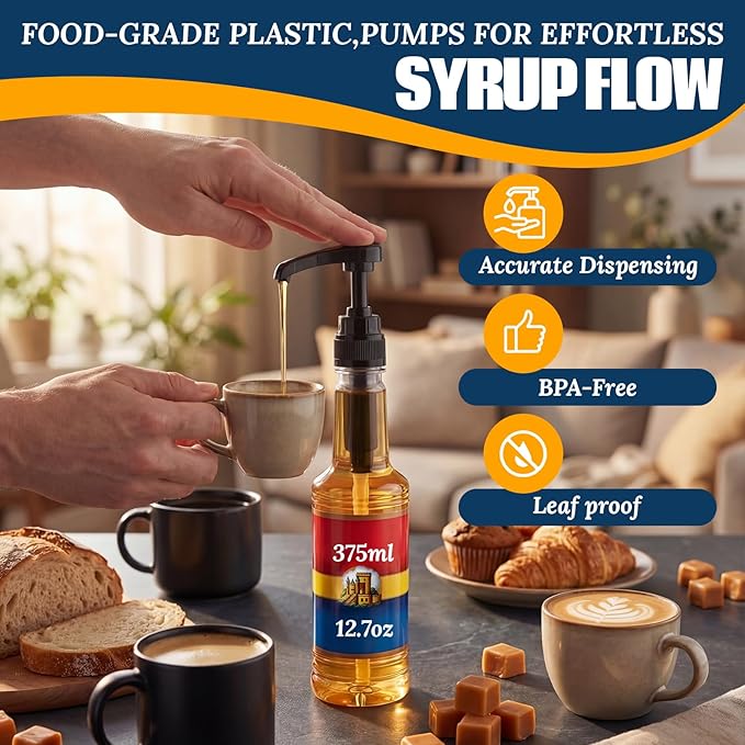 Zopeal 8 Pieces Coffee Syrup Pump Dispenser Fits 375ml/12.7oz Bottles, Syrup Pump for Coffee Flavoring, Creamers, Caramel, Beverages, Kitchen Cafe Bar Drinking Mixes Food Dispenser(Black)