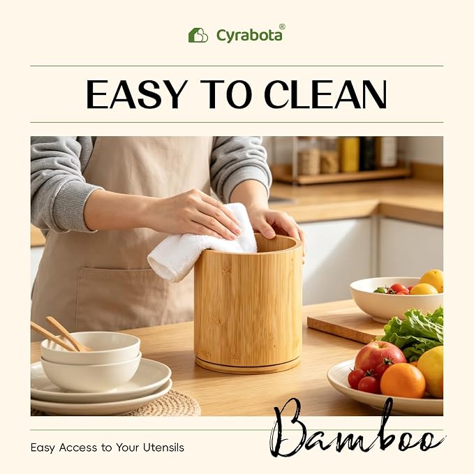Bamboo Wood Utensil Holder 360°Rotating Anti-Tip Design for Kitchen Counter,Cooking Utensil Crock for Countertop , Large Utensil Organizer for Spatula (Bamboo)