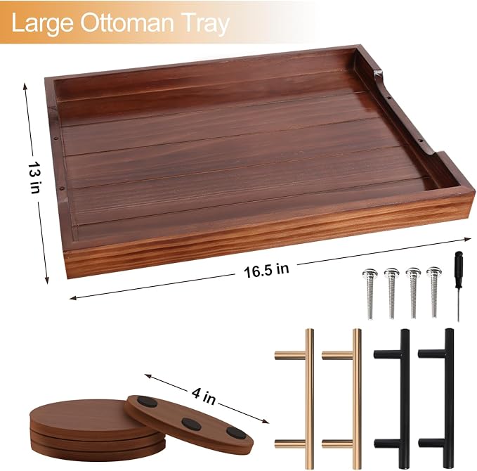 SXNOWS Ottoman Tray, Large Wooden Serving Tray with 2 Sets of Handles for Coffee Table, Rustic Living Room Kitchen Decor, 4 Round Coasters Included, Dark Brown