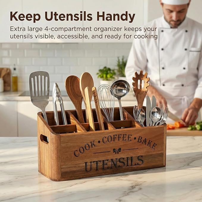 Wooden Kitchen Utensil Holder, Acacia Wood, Extra Large, 4-Compartment, Countertop Organizer, Wall Mount Option, Silverware Storage Caddy, Ventilation Holes & Non-Slip Pads (4 Compartments)