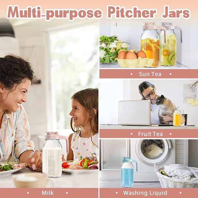 Mason Jar with Pour Spout Lid V-shaped, 2 Quart Iced Tea Pitcher Double Leak Proof, 64 oz Drink Pitcher for Breastmilk, Sun Tea, Juice, Coffee Creamer