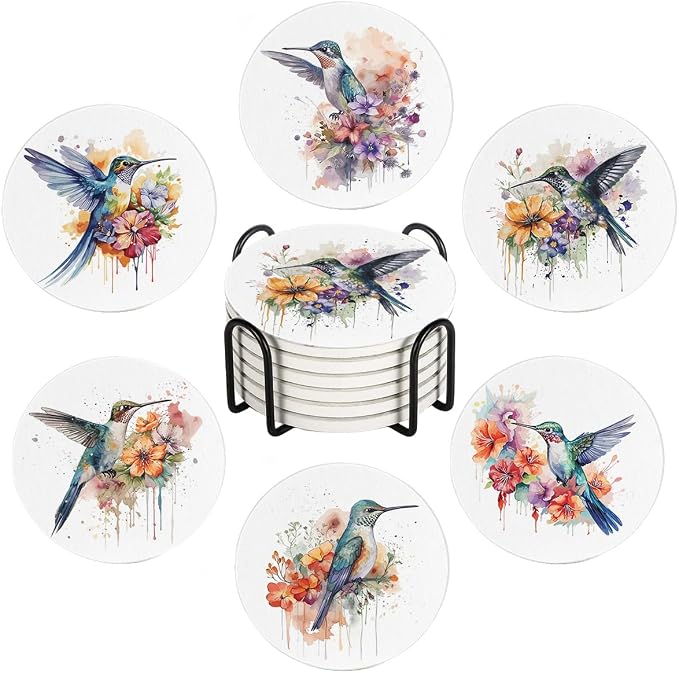Drink Coasters for Drinks Set of 6, Watercolor Hummingbird Absorbent Round Ceramic Stone Mat, with Cork Base and Metal Holder, Home Bar Decor House Warming Gift