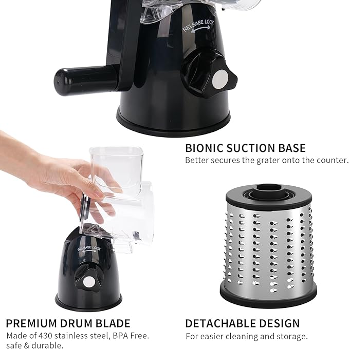 Rotary Cheese Grater 3-in-1 and Shredder with Hand Crank - for Cheese, Vegetables & Nuts, Non-Slip Suction Cup Base, Food Grade, Black