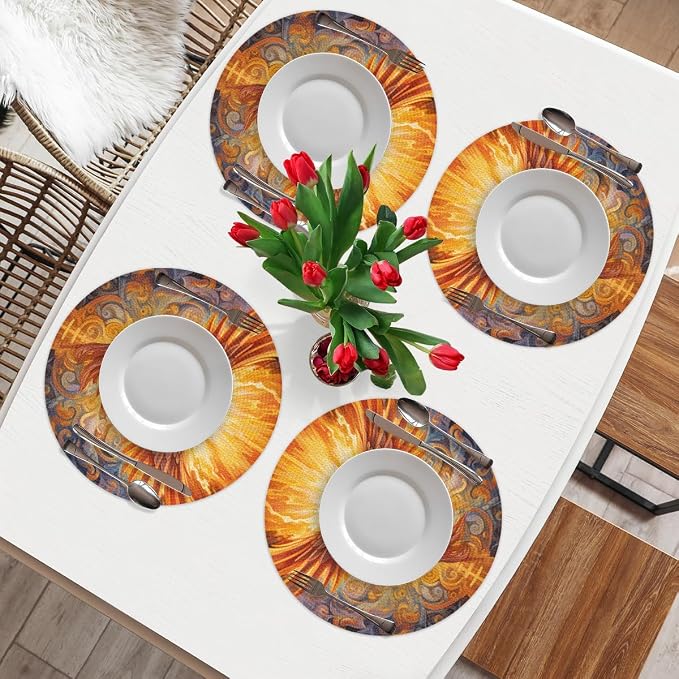Round Placemats Set of 6, Phoenix Fire Flame Ethnic Pattern Woven Placemats Mats Non-Slip Heat Resistant Washable Table Mats Round Braided Place for Farmhouse Kitchen Dining Party Decor 15in