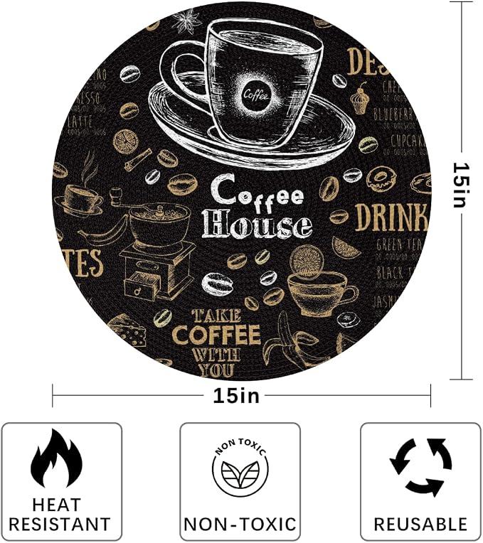Round Placemats Set of 6, Black Coffee Pattern Woven Placemats Mats Non-Slip Heat Resistant Washable Table Mats Round Braided Place for Farmhouse Kitchen Dining Party Decor 15in