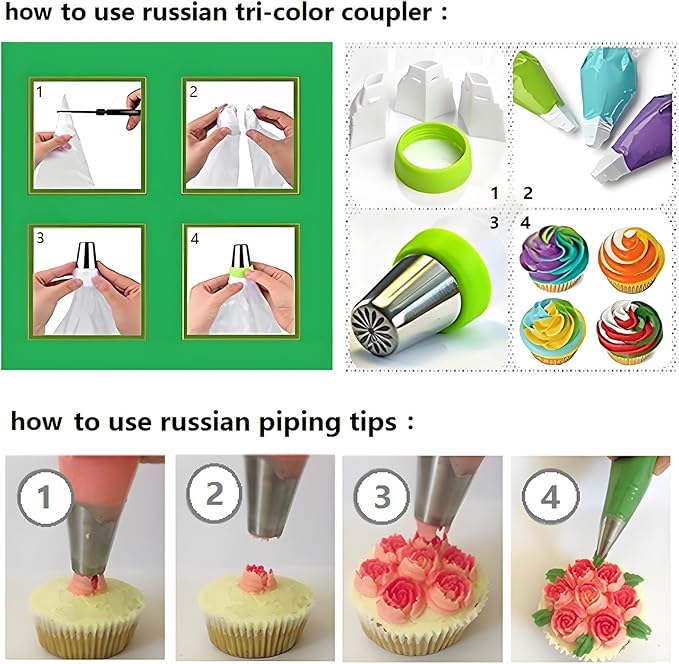 Piping Bags and Tips Set, 130 Pcs with 48 Numbered Icing Tips, 7 Russian Tips, 1 Ball Tip, 2 Leaf Tips, 8 Carved Pens, 4 Couplers, 50 Pastry Bags & More for Cake Cupcake Decorating