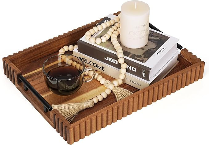 Acacia Wood Decorative Serving Tray with Handles, 16.7" x 12.8" Large Wooden Ottoman Tray for Living Room, Coffee Table Tray Decor for Food, Dinner, Tea or Breakfast in Bed (Natural)