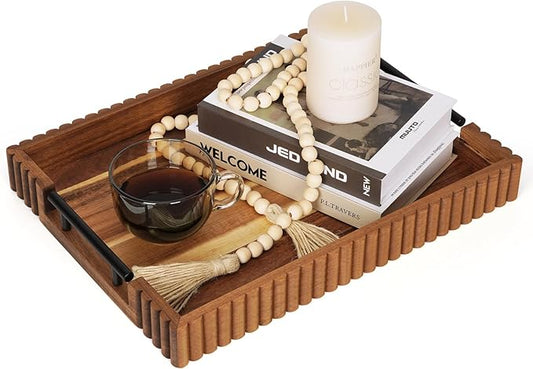 Acacia Wood Decorative Serving Tray with Handles, 16.7" x 12.8" Large Wooden Ottoman Tray for Living Room, Coffee Table Tray Decor for Food, Dinner, Tea or Breakfast in Bed (Natural)