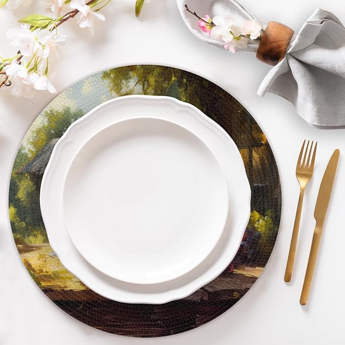 Round Placemats Set of 4, Sunny Red Wine Grapes Painting Woven Placemats Mats Non-Slip Heat Resistant Washable Table Mats Round Braided Place for Farmhouse Kitchen Dining Party Decor 15in