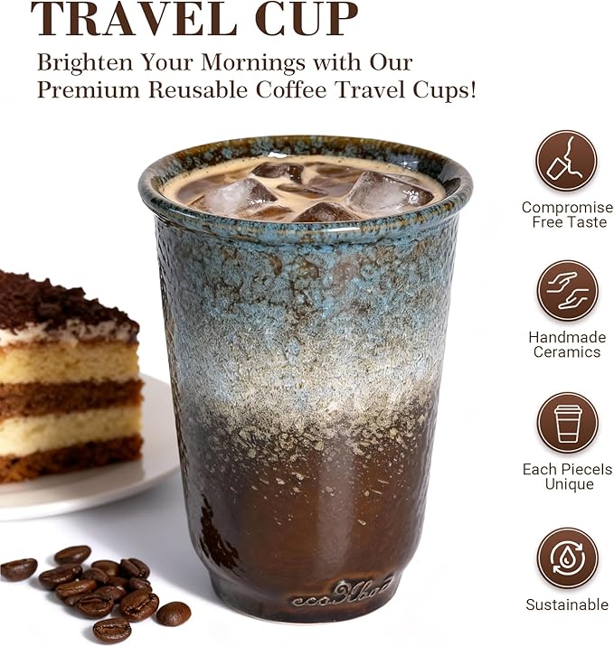 13oz Ceramic Coffee Mug with Lids 2 Sets, Travel Coffee Cup Leak-proof Fit Car Holder, Portable Mug Set w/Silicon Sleeve Pb Cd Free, Gift for Mother Father Birthday Wedding