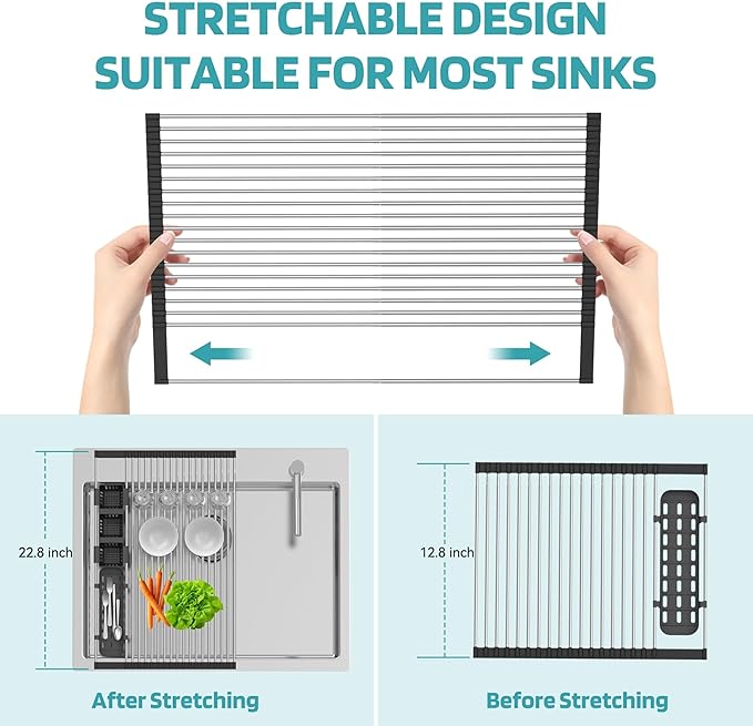 Extra Large Black Expandable Roll Up Dish Drying Rack Up to 25.1''with 2 Storage Baskets,Over The Sink Kitchen Rolling up Dishes Drainer, Foldable,Rollable