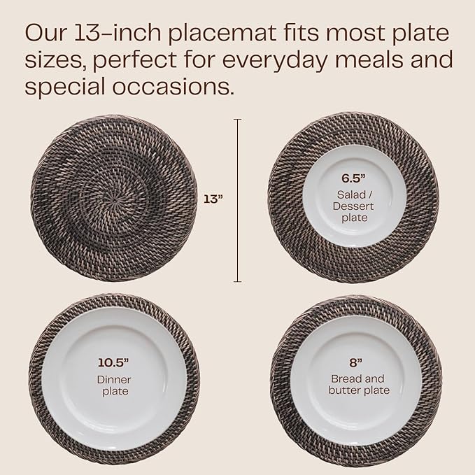 6-Pack Rattan Placemats - 13-inch Round Placemats (Blackwash) - Woven Place Mats, Round Table Mats - Wicker Chargers for Dinner Plates, Plate Chargers Boho