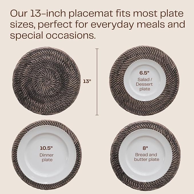 4-Pack Rattan Placemats - 13-inch Round Placemats (Blackwash) - Woven Place Mats, Round Table Mats - Wicker Chargers for Dinner Plates, Plate Chargers Boho
